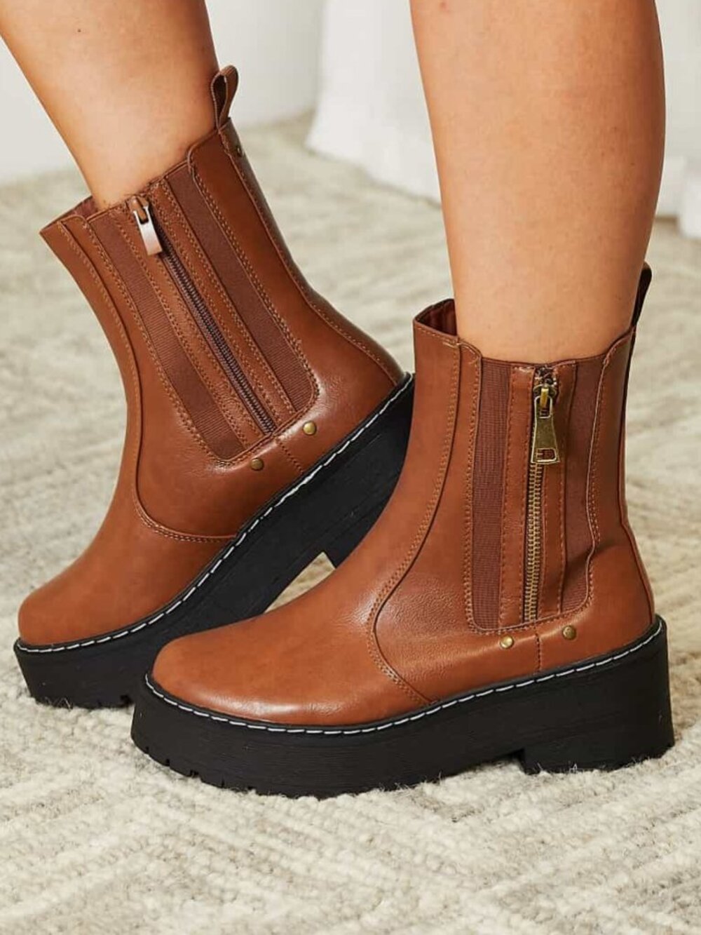 Chestnut Brown Platform Ankle Boots | Side Zip Lug Sole
